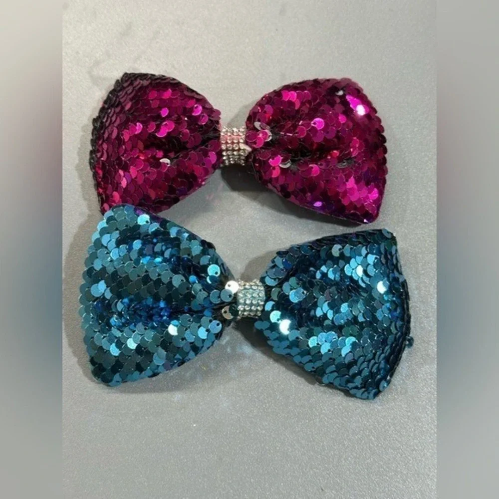 NEW Hair‎ Accessories Bow Clips set of 2 pink blue silver